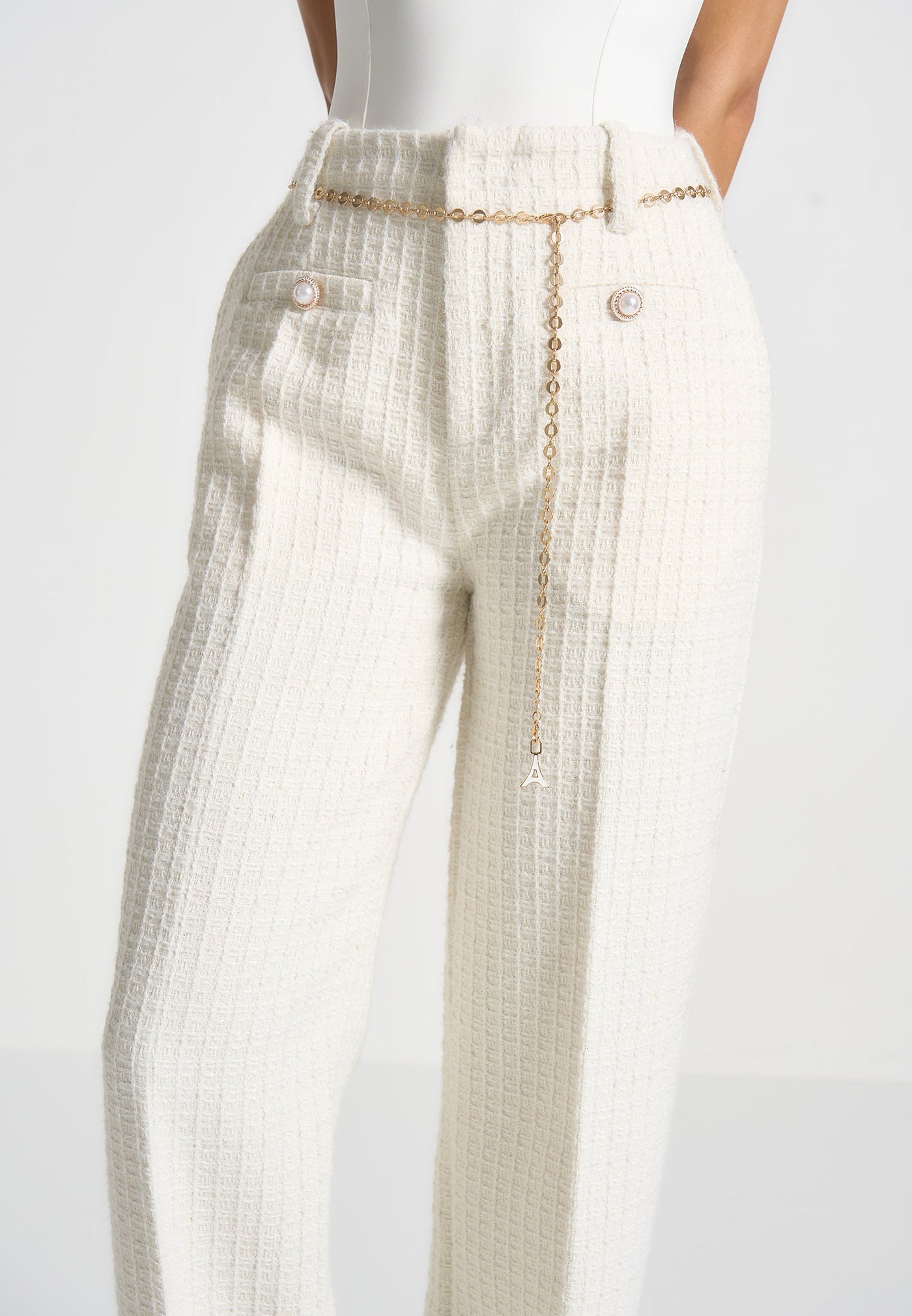 Nathalie - Tweed Trousers with Belt - Cream
