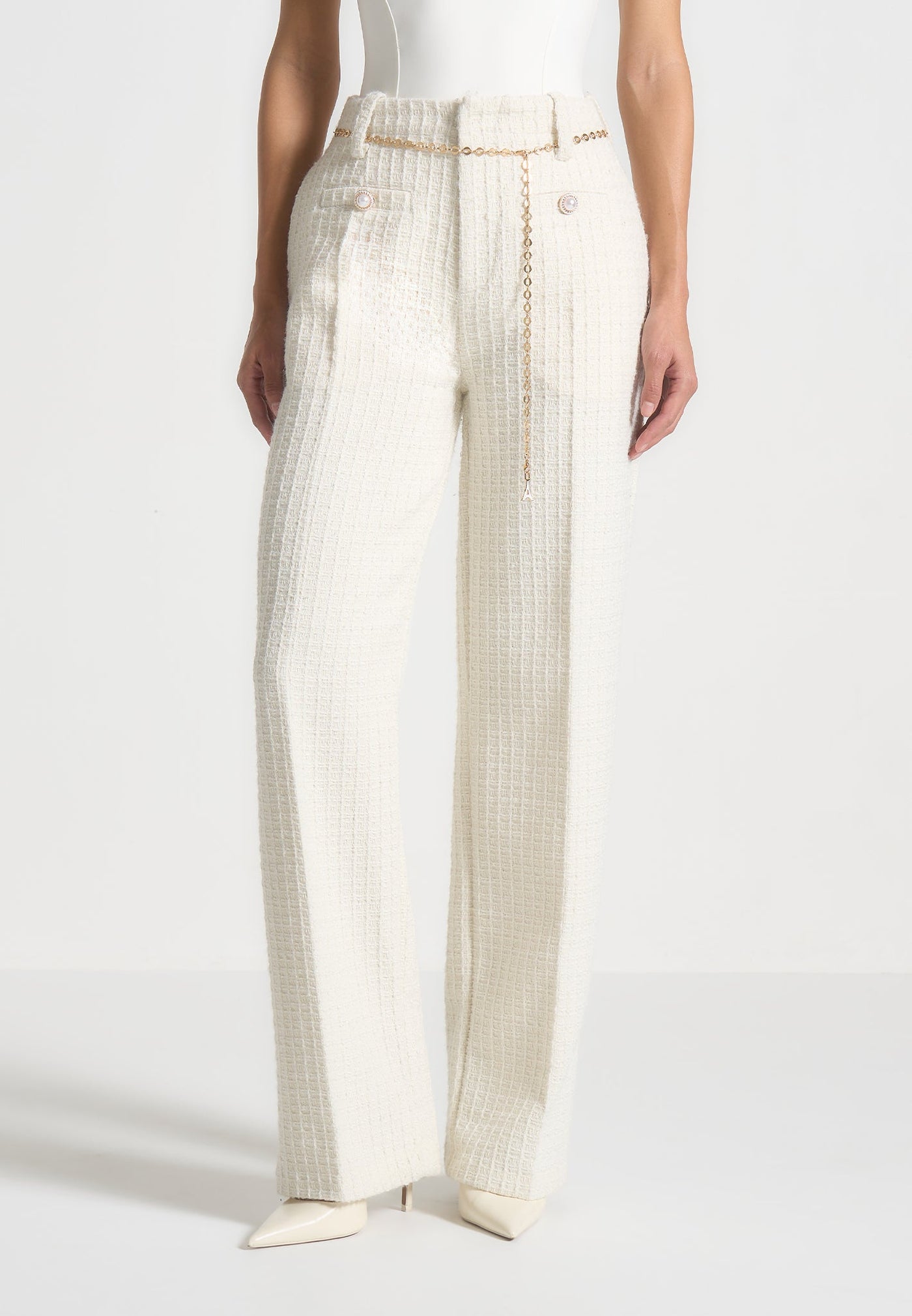 Nathalie - Tweed Trousers with Belt - Cream