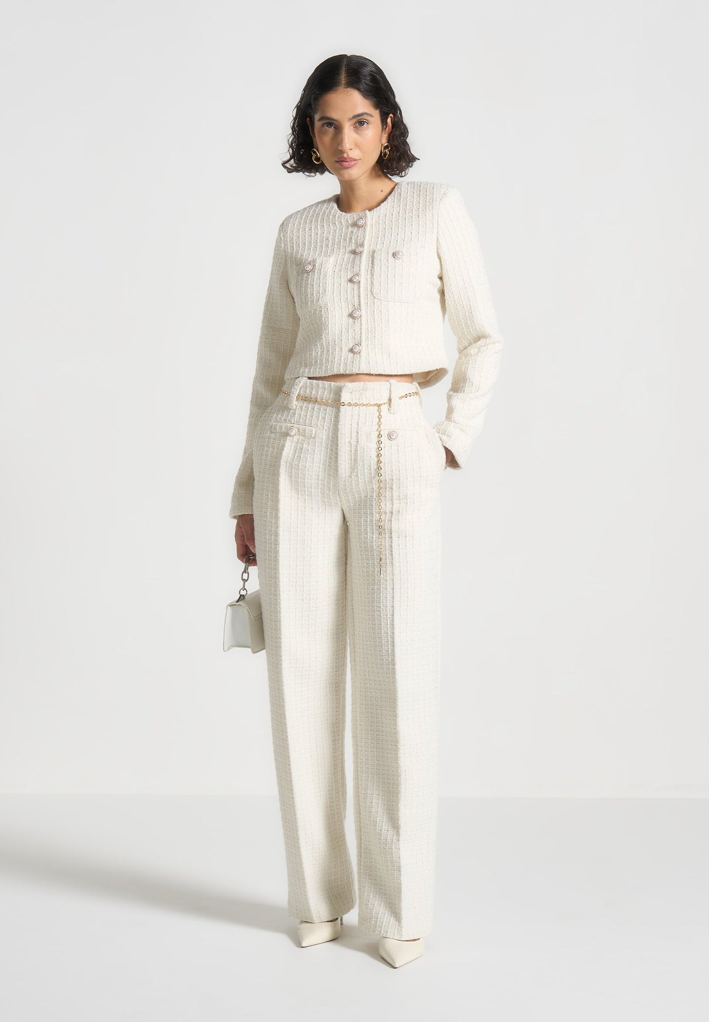 Nathalie - Tweed Trousers with Belt - Cream