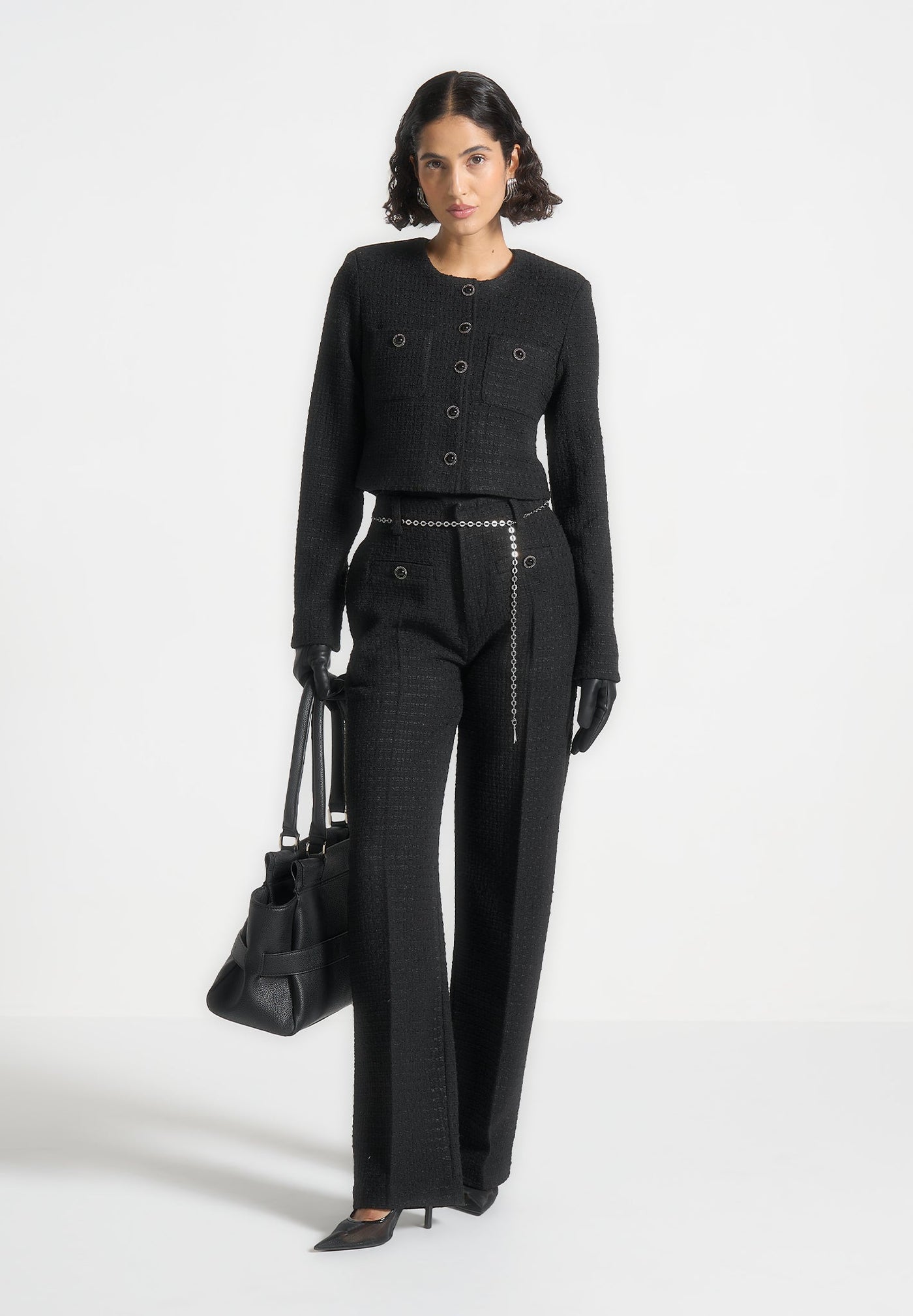 Nathalie - Tweed Trousers with Belt - Black