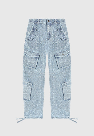 Anne - High Waisted Boucle Denim Cargo Pants - Mid Blue