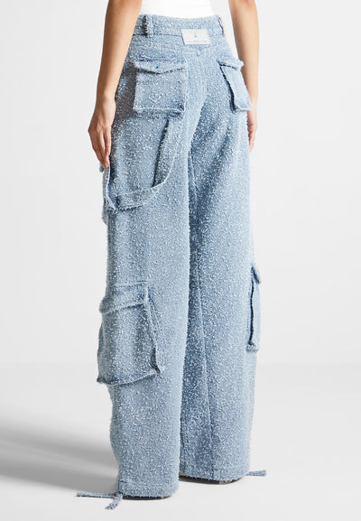 Anne - High Waisted Boucle Denim Cargo Pants - Mid Blue
