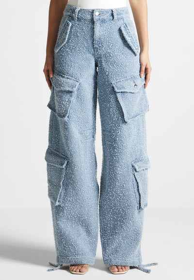 Anne - High Waisted Boucle Denim Cargo Pants - Mid Blue