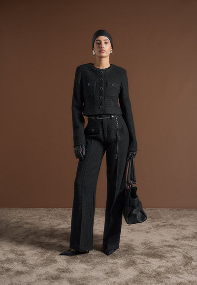 Nathalie - Tweed Trousers with Belt - Black