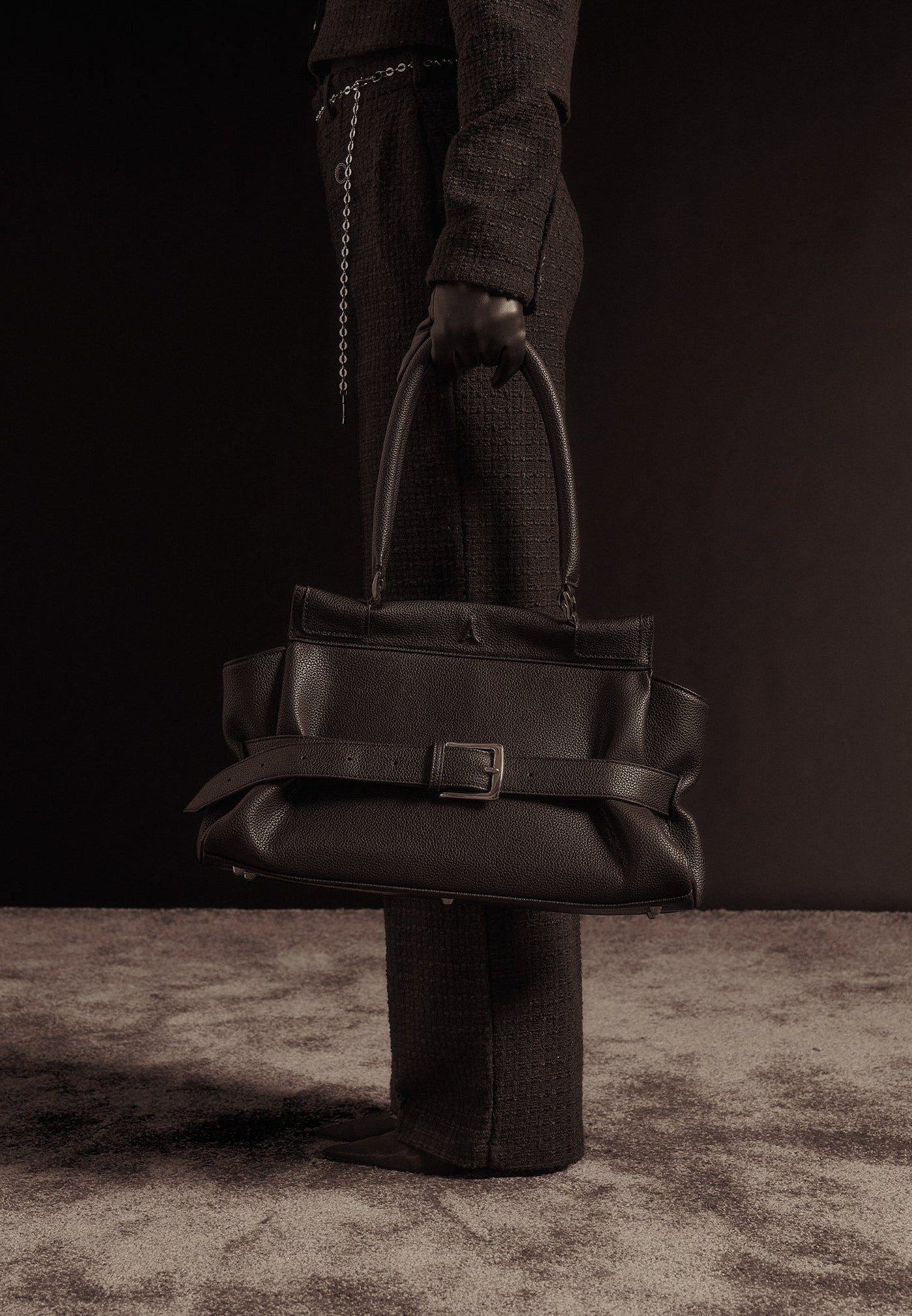 Nathalie - Tweed Trousers with Belt - Black